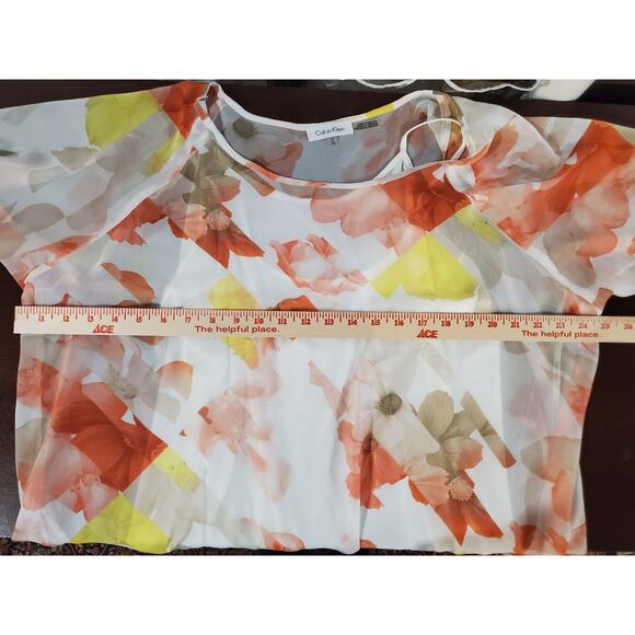 Calvin Klein Floral Sheer Tank Lined Slit Flutter Sleeve Chiffon Blouse Size 1X - Picture 10 of 11